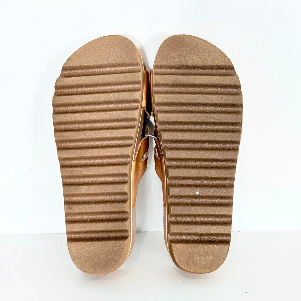 Reef Cushion Bloom Hi Sandals Sz 7 Tan Platform Slide Crisscross Boho Summer